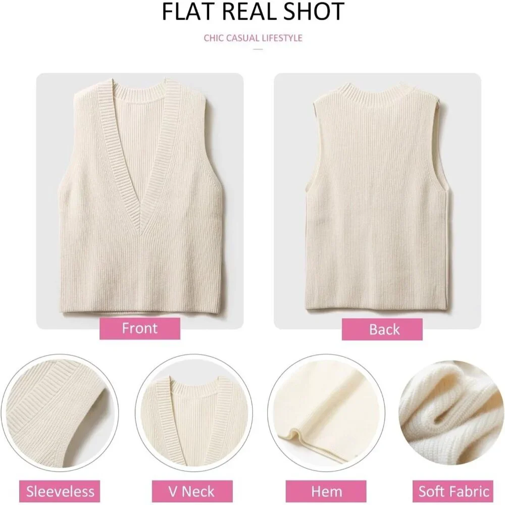 Women's Knit V Neck Sweater Vest Sleeveless Pullover Solid Casual Work - Picture 4 of 5